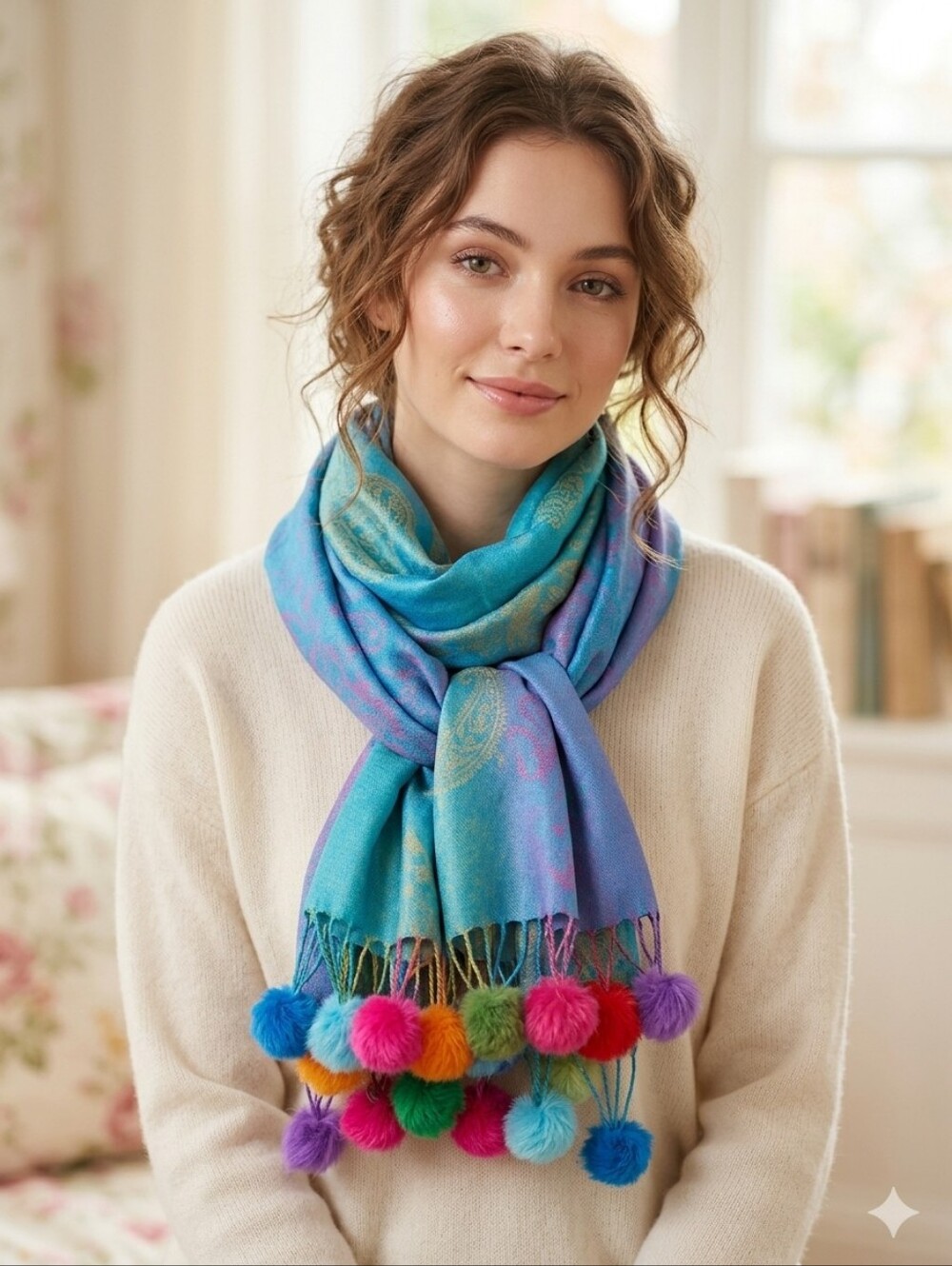 ITALMODE Turquoise Pom-Pom Accent Scarf